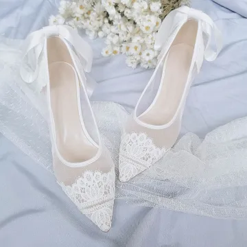 Elegante Witte Kant Bloem Bruidsschoenen 2021 Leer Strik 6 Cm Naaldhakken Stiletto Spitse Neus Huwelijk Pumps Hoge Hakken