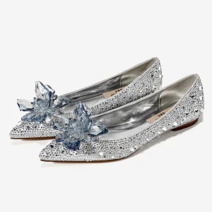 Uroczy Kopciuszek Srebrny Kryształ Buty Ślubne 2021 Skórzany Rhinestone Szpiczaste Płaskie Ślub Na Obcasie