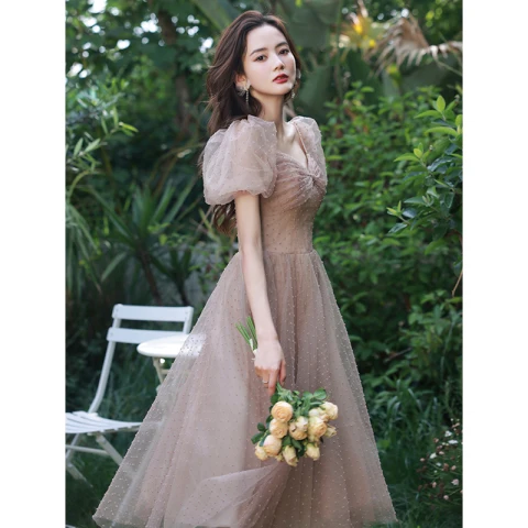 Chic / Beautiful Dusky Pink Homecoming Graduation Dresses 2021 A-Line / Princess Bow Square Neckline Puffy Short Sleeve Backless Tea-length Formal Dresses