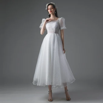 Simple Blanche Courte Robe De Mariée 2021 Princesse Encolure Carrée Manches Courtes Dos Nu Mariage