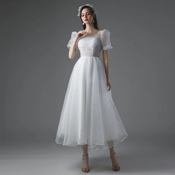 Modest / Simple White Short Wedding Dresses 2021 A-Line / Princess Square Neckline Short Sleeve Backless Wedding