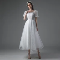 Simple Blanche Courte Robe De Mariée 2021 Princesse Encolure Carrée Manches Courtes Dos Nu Mariage