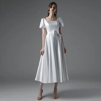 Modest Simple Ivory Satin Wedding Dresses 2021 A Line Princess Square Neckline Short Sleeve Bow Backless Tea Length Wedding
