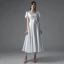 Schlicht Ivory / Creme Satin Brautkleider / Hochzeitskleider 2021 A Linie Eckiger Ausschnitt Kurze Ärmel Schleife Rückenfreies Wadenlang Hochzeit
