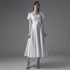 Modest / Simple Ivory Satin Wedding Dresses 2021 A-Line / Princess Square Neckline Short Sleeve Bow Backless Tea-length Wedding
