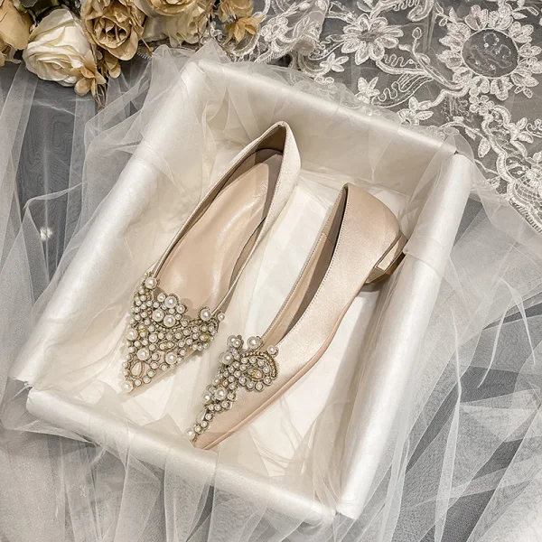 Elegant Champagne Pearl Rhinestone Satin Wedding Shoes 2021 Pointed Toe  Flat Wedding Heels