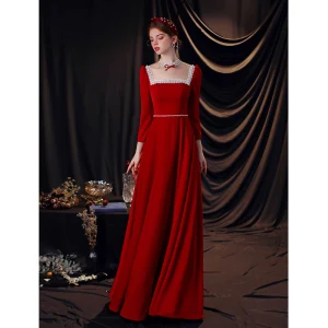 Chic Beautiful Red Lace Flower Evening Dresses 2021 A Line Princess Square Neckline Rhinestone Long Sleeve Backless Floor Length Long Evening Party Formal Dresses