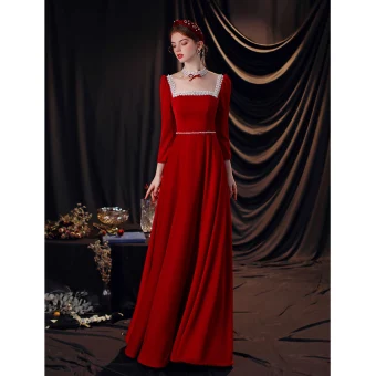Chic Belle Rouge En Dentelle Fleur Robe De Soirée 2021 Princesse Encolure Carrée Faux Diamant Manches Longues Dos Nu Longue Soirée Robe De Ceremonie