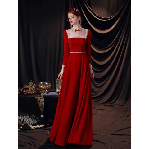 Schöne Rot Spitze Blumen Abendkleider 2021 A Linie Eckiger Ausschnitt Strass Lange Ärmel Rückenfreies Lange Abend Festliche Kleider