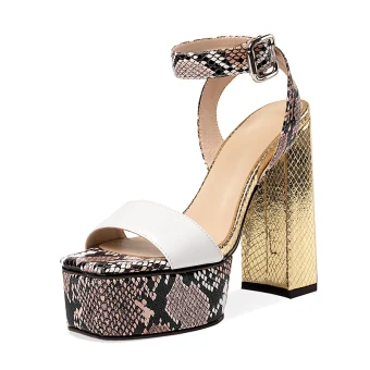 Sexy Blanche Cuir Motif Peau De Serpent Club De Carnaval Sandales Femme 2021 Bride Cheville 13 Cm Talons Épais Peep Toes Bout Ouvert Sandales Talons Hauts