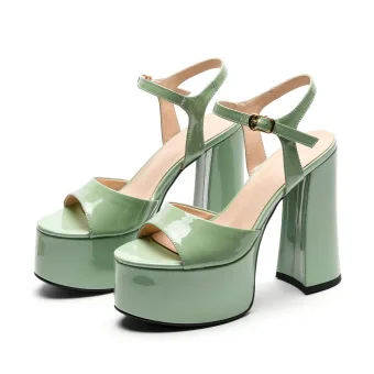 Mode Vert Cendré Vêtement De Rue Sandales Femme 2021 Cuir Bride Cheville 14 Cm Talons Épais Peep Toes Bout Ouvert Sandales Talons Hauts