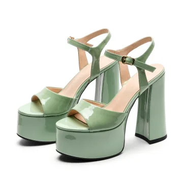 Moda Verde Salvia Ropa De Calle Sandalias De Mujer 2021 Cuero Correa Del Tobillo 14 Cm Talones Gruesos Peep Toe Sandalias High Heels