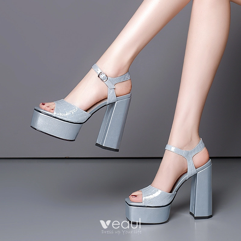 Chic Beautiful Grey Street Wear Womens Sandals 2021 Leather 13 cm Thick Heels Ankle Strap Open Peep Toe Sandals High Heels