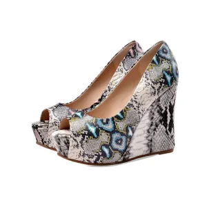 Inhabituel Vêtement De Rue Motif Peau De Serpent Sandales Femme 2021 Cuir Imperméables 11 Cm Compensées Peep Toes Bout Ouvert Sandales