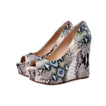 Unusual Street Wear Snakeskin Print Womens Sandals 2021 Leather Waterproof 11 Cm Wedges Open Peep Toe Sandals