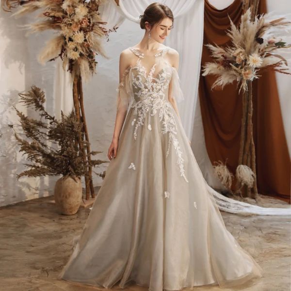 Modern / Fashion Grey Prom Dresses 2021 A-Line / Princess Halter Beading Lace Flower Short Sleeve Backless Sweep Train Prom Formal Dresses Modern / Fashion Grey Prom Dresses 2021 A-Line / Princess Halter Beading Lace Flower Short Sleeve Backless Sweep Train Prom Formal Dresses