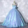 Illusion Sky Blue Cinderella Prom Dresses 2021 Ball Gown Rhinestone Spaghetti Straps Sleeveless Backless Floor-Length / Long Prom Formal Dresses