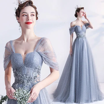Chic Belle Gris Robe De Bal 2021 Princesse Encolure Carrée Manches Courtes Dos Nu Perlage Perle En Dentelle Fleur Longue Promo Robe De Ceremonie