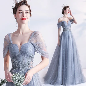 Chic Beautiful Grey Prom Dresses 2021 A Line Princess Square Neckline Short Sleeve Backless Beading Pearl Lace Flower Floor Length Long Prom Formal Dresses