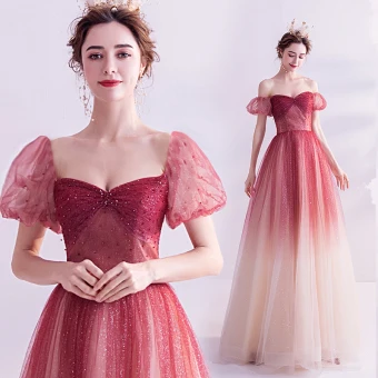 Chic Belle Bordeaux Cristal Paillettes Robe De Bal 2021 Princesse De L 039 Épaule Manches Courtes Dos Nu Longue Promo Robe De Ceremonie