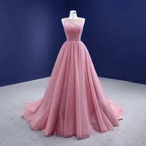 Haut De Gamme Rougissant Rose Perlage Robe De Bal 2021 Princesse Encolure Dégagée Sans Manches Dos Nu Tribunal Train Promo Robe De Ceremonie