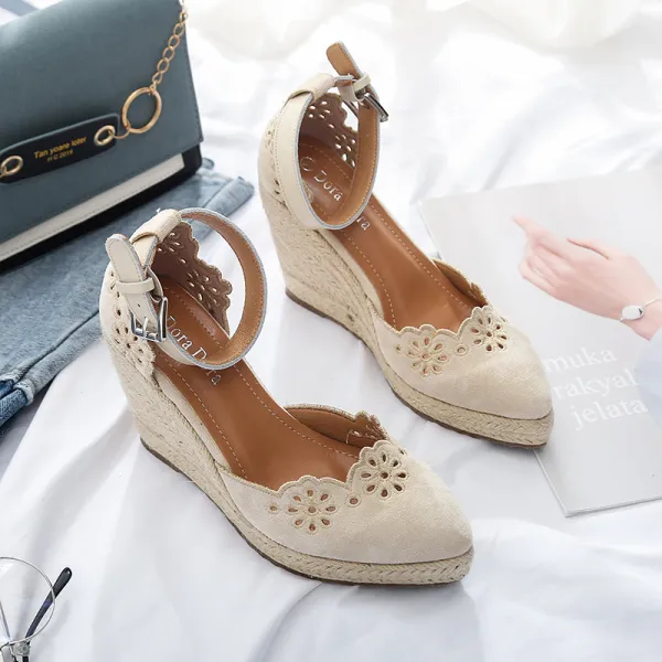 Chic / Beautiful Beige Casual Pierced Flower Womens Shoes 2021 Ankle ...