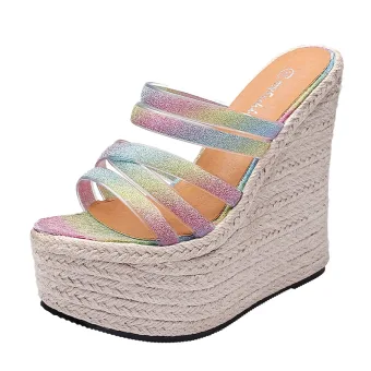 Fashion Multi Colors Street Wear Braid Womens Sandals 2021 16 Cm Platform Wedges Open Peep Toe Sandals