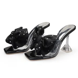 Mode Svarta Gatukläder Rosett Rhinestone Sandaler Dam 2021 9 Cm Stilettklackar Peep Toe Sandaler Högklackade