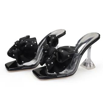 Mode Noire Vêtement De Rue Noeud Faux Diamant Sandales Femme 2021 9 Cm Talons Aiguilles Peep Toes Bout Ouvert Sandales Talons Hauts