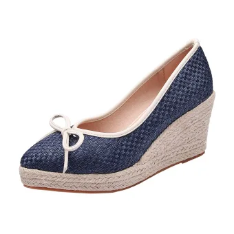 Chic Beautiful Ocean Blue Street Wear Braid Bow Womens Shoes 2021 7 Cm Wedges Platform Pointed Toe Sandals