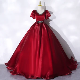 Classy Burgundy Prom Dresses 2021 Ball Gown V Neck Crystal Rhinestone Short Sleeve Backless Floor Length Long Prom Formal Dresses
