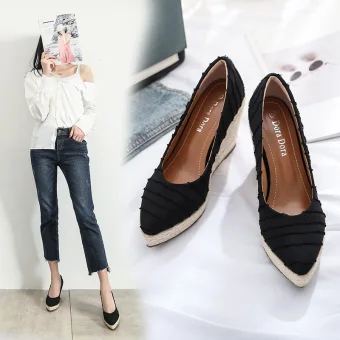 Chic Beautiful Black Street Wear Braid Womens Sandals 2021 10 Cm Wedges Platform Pointed Toe Sandals