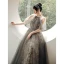 Charmant Gris Perlage Perle Paillettes Robe De Bal 2021 Princesse Titulaire Manches Courtes Dos Nu Longue Promo Robe De Ceremonie