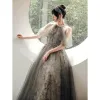 Charming Grey Beading Pearl Sequins Prom Dresses 2021 A-Line / Princess Halter Short Sleeve Backless Floor-Length / Long Prom Formal Dresses