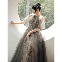 Charming Grey Beading Pearl Sequins Prom Dresses 2021 A-Line / Princess Halter Short Sleeve Backless Floor-Length / Long Prom Formal Dresses