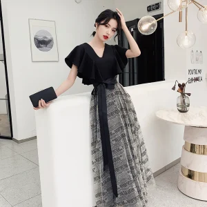 Mode Noire Noeud Robe De Bal 2021 Princesse V Cou Manches Courtes Longue Promo Robe De Ceremonie