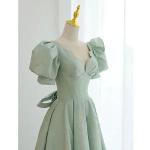 Chic Beautiful Sage Green Homecoming Satin Graduation Dresses 2021 A Line Princess V Neck Short Sleeve Backless Bow Tea Length Formal Dresses
