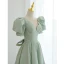 Chic / Beautiful Sage Green Homecoming Satin Graduation Dresses 2021 A-Line / Princess V-Neck Short Sleeve Backless Bow Tea-length Formal Dresses