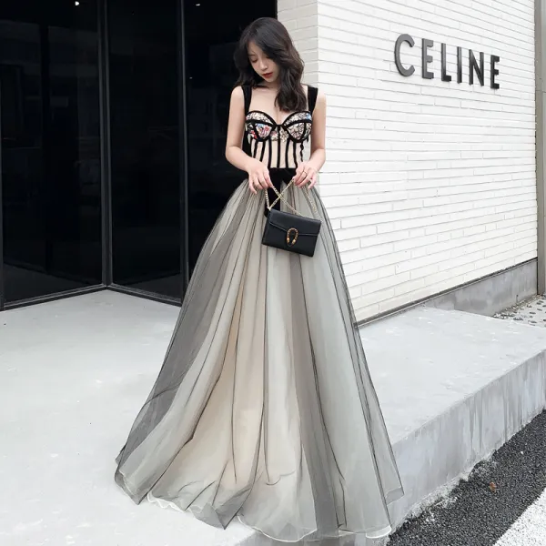 Spaghetti Straps Backless Gray Tulle Bow Long Prom Dress Spaghetti Straps Backless Gray Tulle Bow Long Prom Dress
