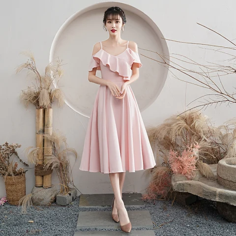 Sencillos Rosa Clara de fiesta Vestidos de graduación 2021 A-Line / Princess Spaghetti Straps Manga Corta Sin Espalda Té De Longitud Vestidos Formales