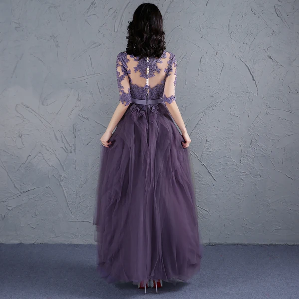 Élégant Grape Robe De Bal 2017 Encolure Dégagée 1/2 Manches Appliques En Dentelle Ceinture Volants Tulle Longue Robe De Ceremonie