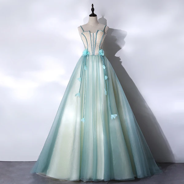 Classy Mint Green Prom Dresses 2021 A Line Princess Spaghetti Straps  Appliques Lace Flower Sleeveless Backless Floor Length Long Prom Formal  Dresses