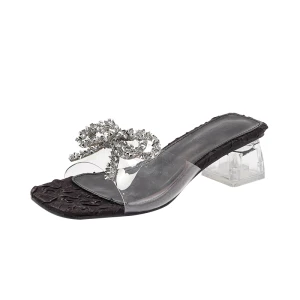 Sexig Svarta Casual Rhinestone Rosett Sandaler Dam Toffel Flip Flops 2021 5 Cm Stilettklackar Peep Toe Högklackade