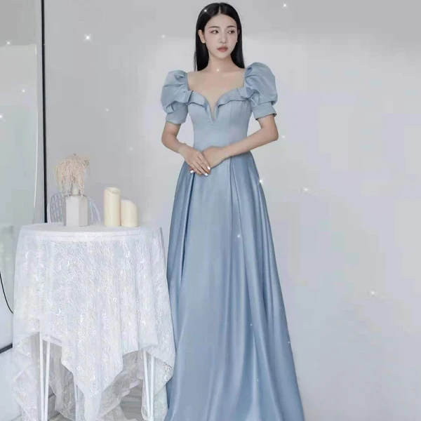 Elegant Sky Blue Satin Prom Dresses 2021 A-Line / Princess Ruffle Square Neckline Short Sleeve Backless Floor-Length / Long Prom Formal Dresses