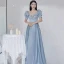 Elegant Sky Blue Satin Prom Dresses 2021 A-Line / Princess Ruffle Square Neckline Short Sleeve Backless Floor-Length / Long Prom Formal Dresses
