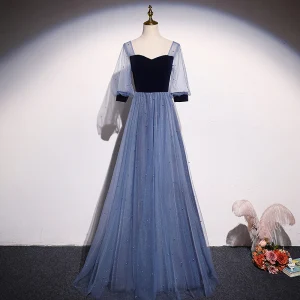 Élégant Océan Bleu Daim Perle Robe De Bal 2021 Princesse Encolure Carrée 1 2 Manches Dos Nu Longue Promo Robe De Ceremonie