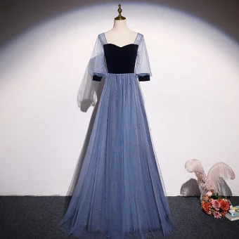 Élégant Océan Bleu Daim Perle Robe De Bal 2021 Princesse Encolure Carrée 1 2 Manches Dos Nu Longue Promo Robe De Ceremonie
