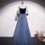 Elegant Ocean Blue Suede Pearl Prom Dresses 2021 A-Line / Princess Square Neckline 1/2 Sleeves Backless Floor-Length / Long Prom Formal Dresses