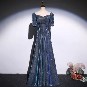 Sparkly Ocean Blue Glitter Prom Dresses 2021 A Line Princess Square Neckline Short Sleeve Backless Floor Length Long Prom Formal Dresses