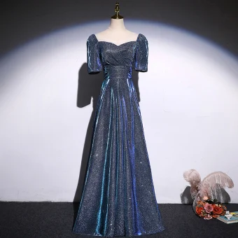 Scintillantes Océan Bleu Glitter Robe De Bal 2021 Princesse Encolure Carrée Manches Courtes Dos Nu Longue Promo Robe De Ceremonie